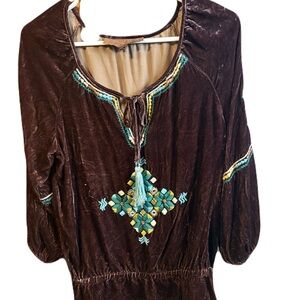 Double D Ranch Brown Velvet Blouse with Turquoise Embroidery